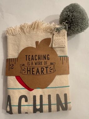 NEW Mud Pie Cream Canvas Teaching Tote with Gray Pom-Pom and Red Accent